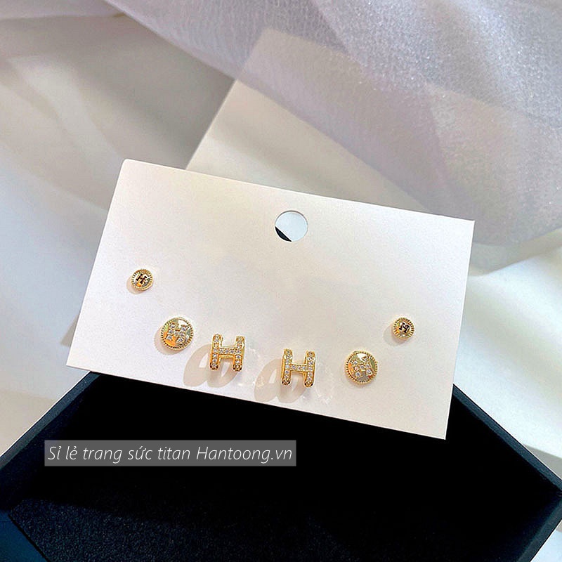Set 3 đôi khuyên tai hình chữ H đính đá zircon thời trang thanh lịch