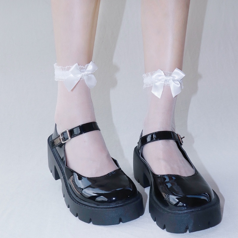 Xiangbao Vớ Thủy Tinh Trong Suốt Siêu Mỏng Thắt Nơ Phối Bèo Màu Trơn Phong Cách Lolita Nhật Bản Ngọt Ngào Cho Nữ