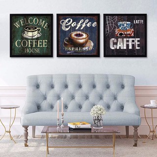 Bộ 3 tranh canvas treo tường trang trí quán cà phê vintage khung bản gỗ VIP183- 35 x 35 cm x 3 tranh