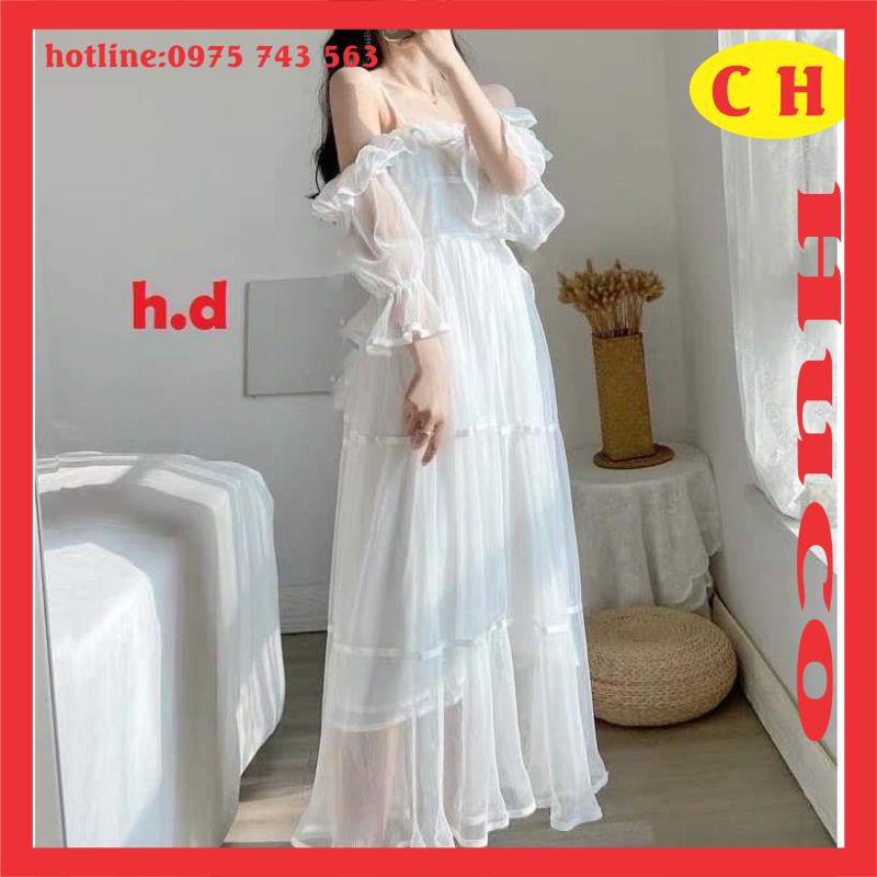 váy voan tơ hai dây trễ vai, đầm tiểu thư maxic đi biển có bèo nhún tay lỡ chun nhẹ,váy trắng xòe nhiều tầng hai lớp lót | BigBuy360 - bigbuy360.vn