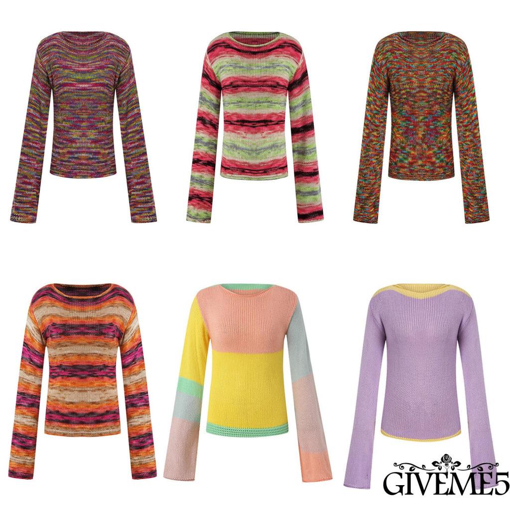 Áo sweater dệt kim tay dài cổ tròn màu sắc cầu vồng thời trang mùa thu cho nữ