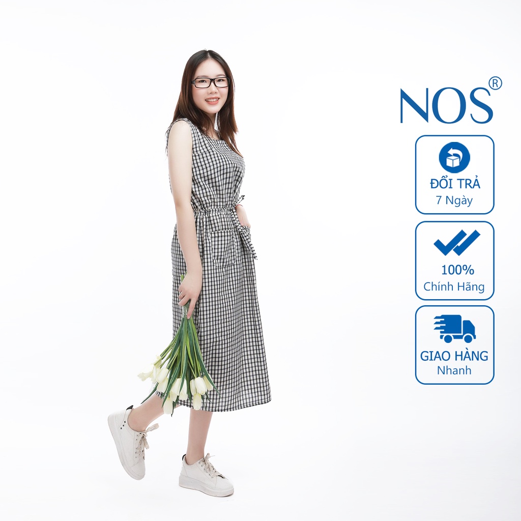 Váy dáng xuông kẻ đen sát nách - Đầm sát nách chít eo năng động trẻ trung NOS01
