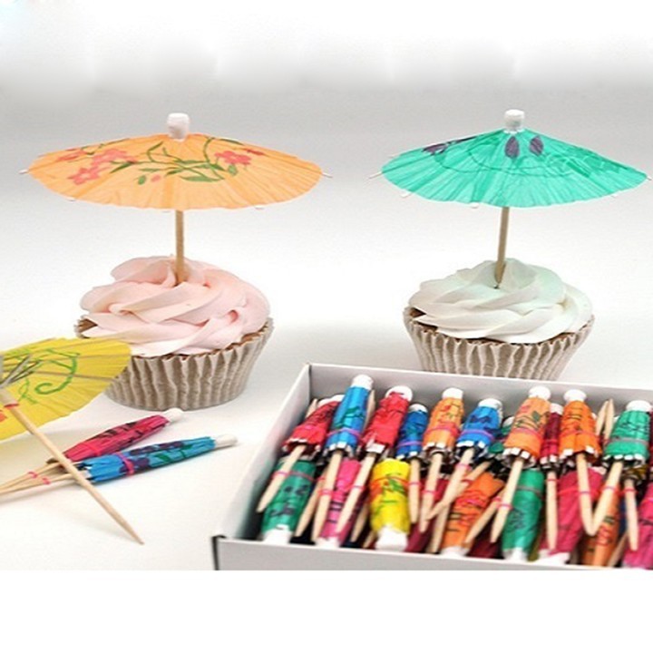 Hộp 100 cocktail Parasol Drink Umbrellas, ô dù trang trí Cocktail, trang trí bánh kem