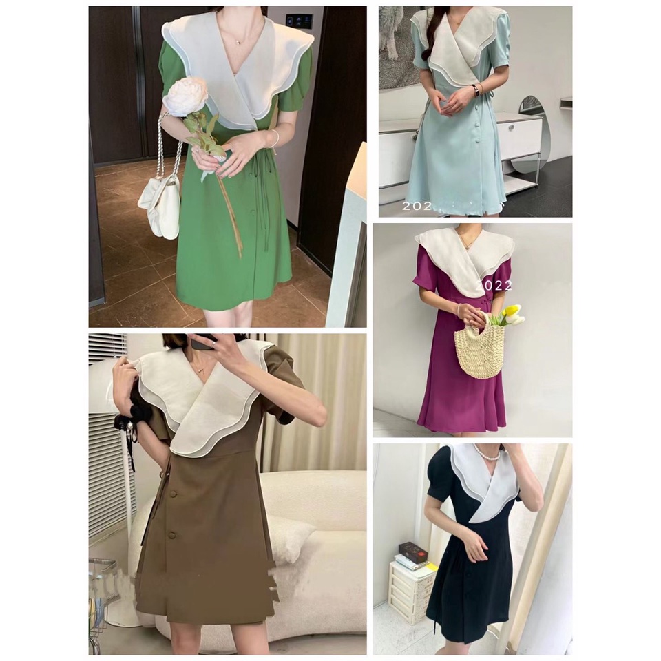 Đầm Phối Màu Đắp Vạt Thắt Dây Eo - BLD22236