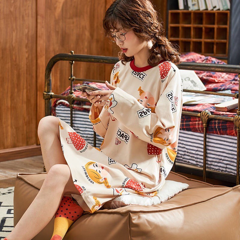 Đầm Ngủ Dài Tay Thiết Kế Dễ Thương Thời Trang Mùa Thu Cho Nữ