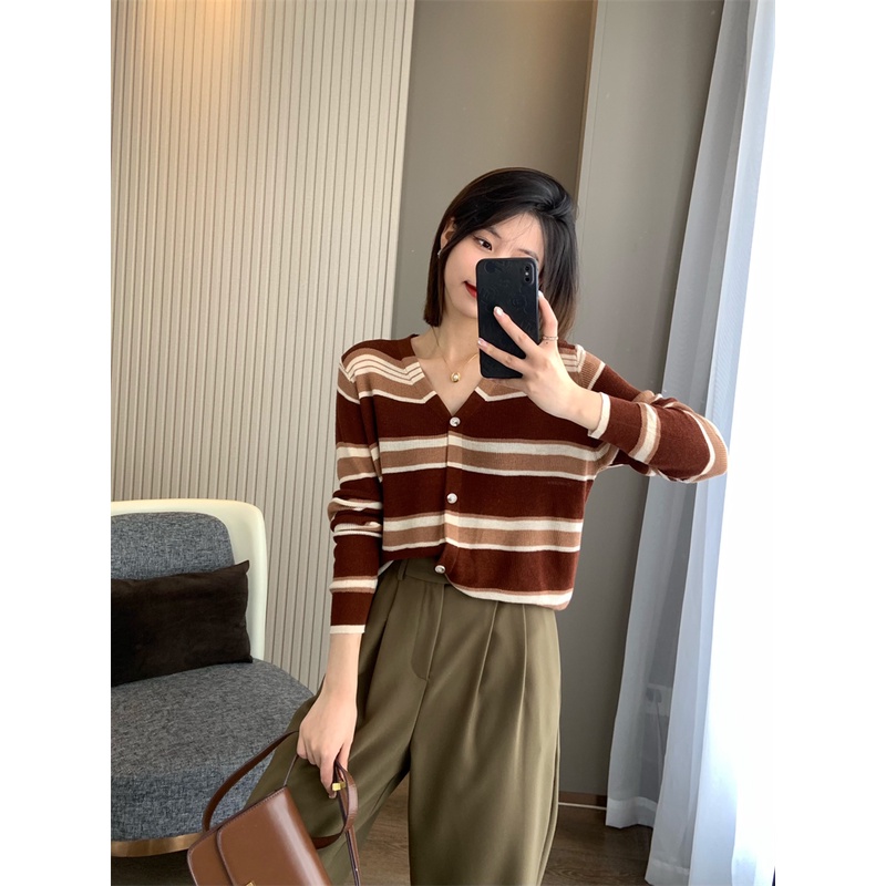 Áo khoác cardigan dệt kim ZHELIHANGFEI tay dài cổ chữ V họa tiết kẻ sọc phong cách retro thời trang cho nữ