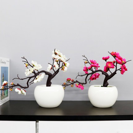 Cây giả, chậu cây đào bonsai kiểu dáng nghệ thuật để bàn trang trí nhà cửa tết