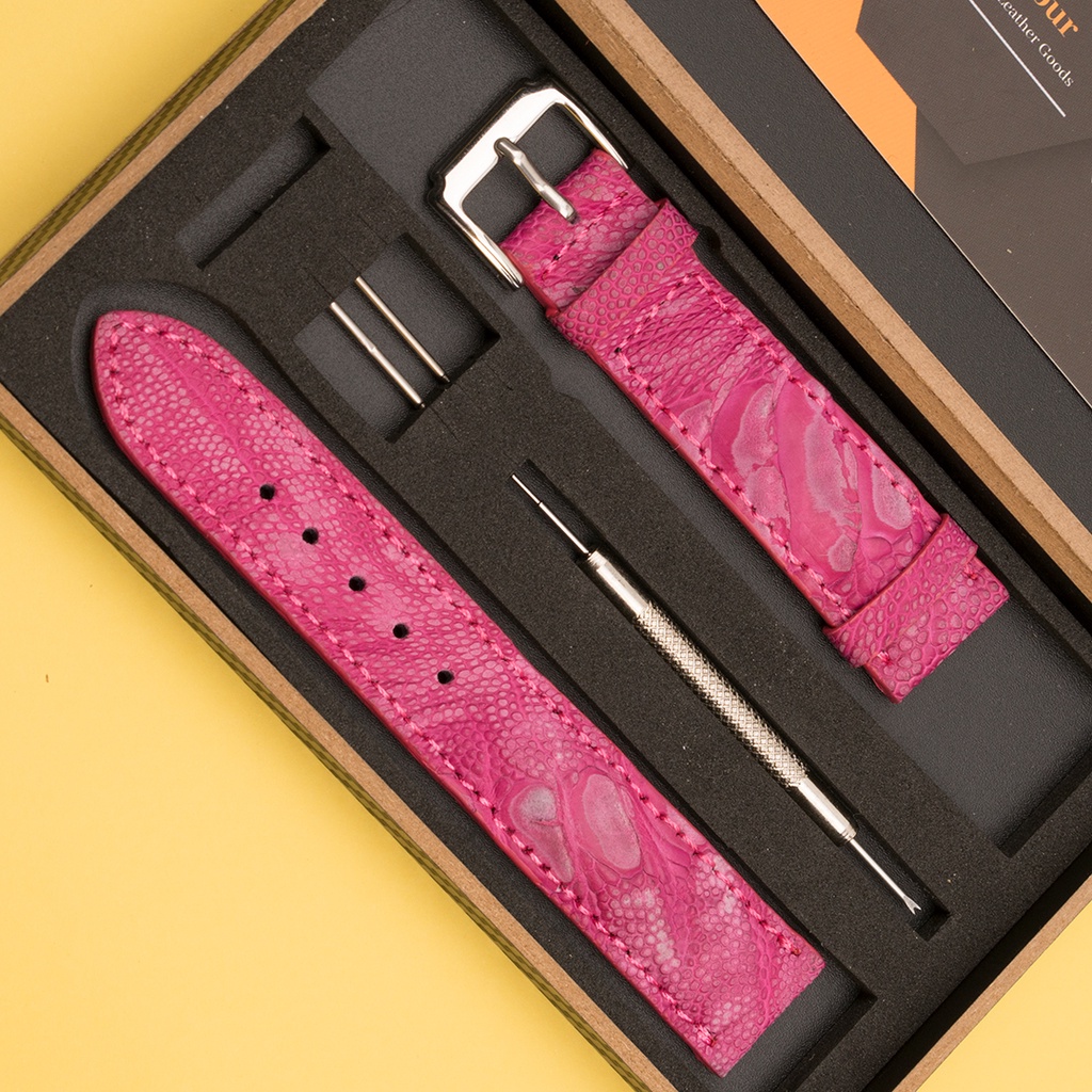 Dây Đồng Hồ Đà Điểu Wash Màu Hồng Cánh Sen MrFour | Watch Band - Watch Strap - Leather Watch
