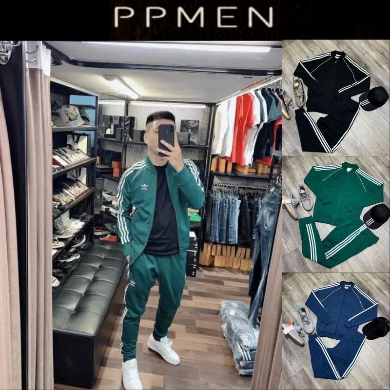 Bộ quần áo thể thao nam PPMEN Bộ khoác nỉ nam kẻ sọc có khóa kéo 3 màu cao cấp