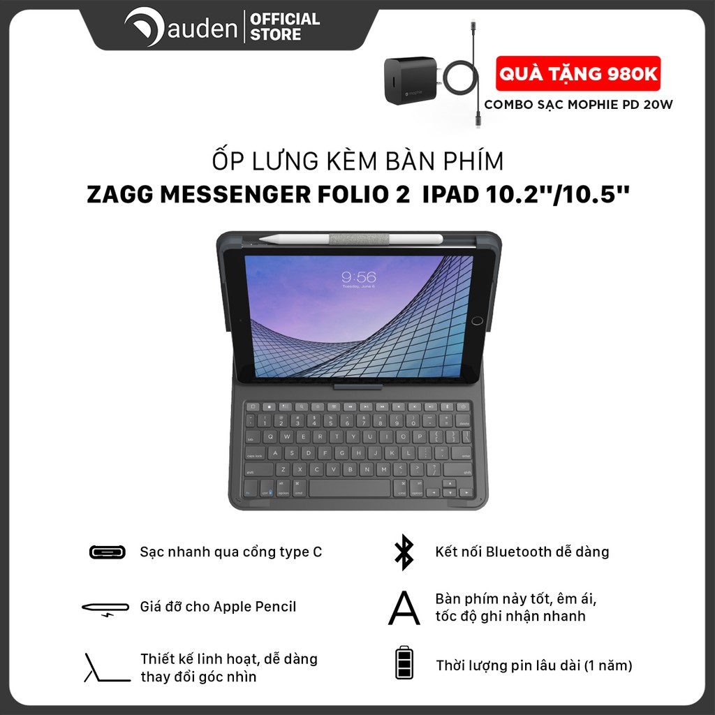 Ốp lưng kèm bàn phím ZAGG Messenger Folio 2 iPad 10.2"/10.5"