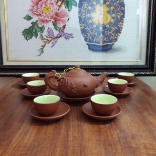 Bộ ấm chén tử sa Bát Tràng - hoa sen đắp nổi