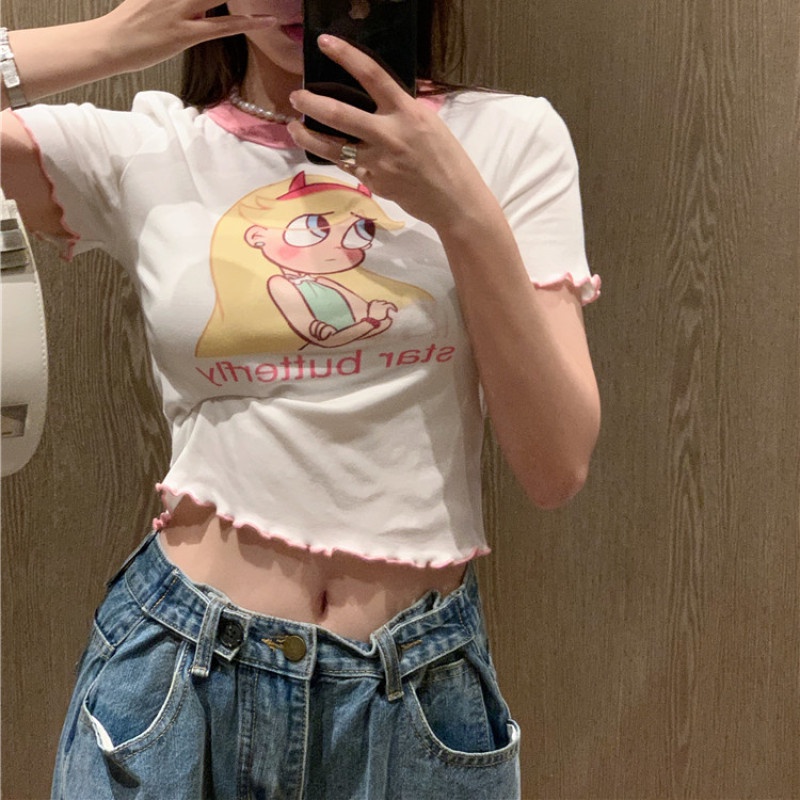 Áo Thun Nữ Tay Ngắn Dáng Ôm In Họa Tiết Hoạt Hình Dễ Thương