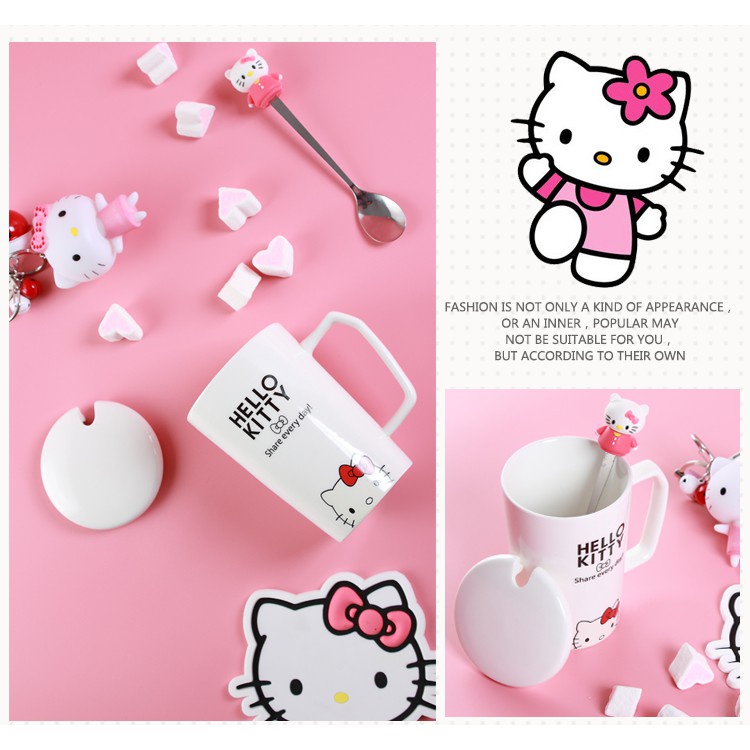 Cốc Sứ Uống Cà Phê Có Nắp Đậy Và Muỗng Hình Hello Kitty / Doremon Đáng Yêu