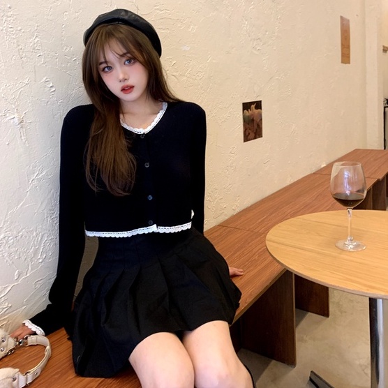 Áo len ZHELIHANGFEI tay dài lưng cao viền ren dễ phối đồ thời trang