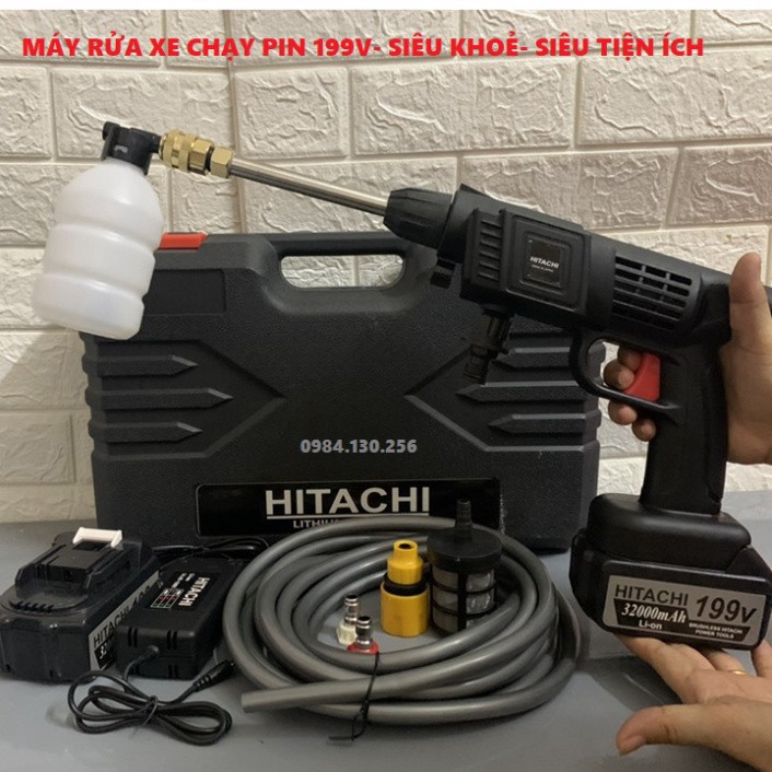 Máy rửa xe dùng pin mini, Máy xịt rửa tăng áp Hitachi 199V áp lực cao 1400W LOẠI XỊN