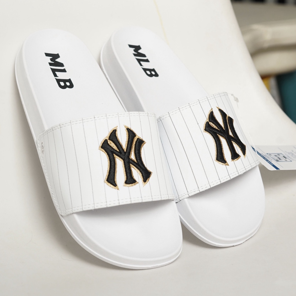 Dép quai ngang nam nữ Mlb NY sọc thêu, mang êm chân, đế bền, không trơn trượt, phù hợp mang hằng ngày