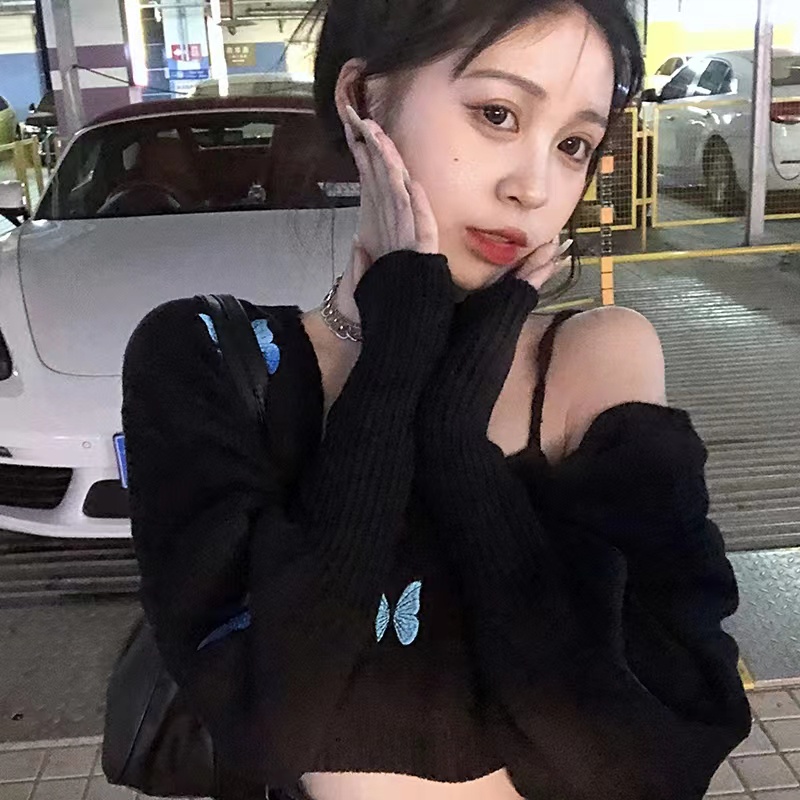 Áo cardigan ZHELIHANGFEI dệt kim thêu hình bướm lưng cao hợp thời trang