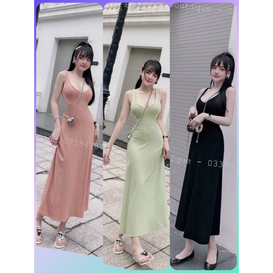 Đầm hai dây xòe cổ V phom dài chất thun gân