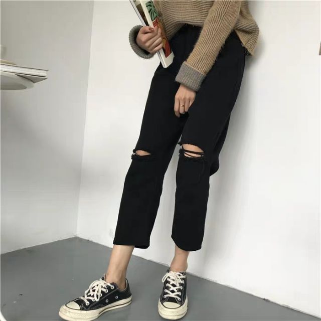 Quần slim baggy jeans rách gối đen basic ulzzang lưng cao kèm ảnh thật có BIGSIZE