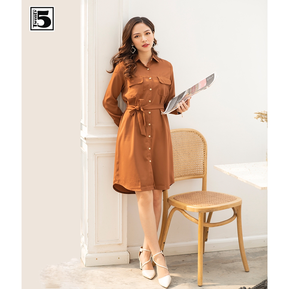 Đầm sơ mi cổ đức 2 túi dây buộc eo Twentyfive T223