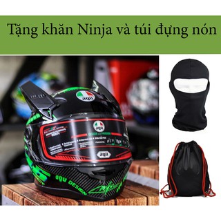 Nón Fullface AGU TEM XANH LÁ CÂY và Tai rùa, tặng túi đựng nón và Khăn Ninja