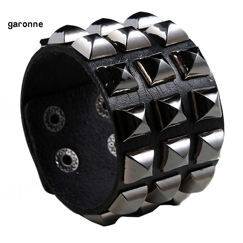 GAR Punk Men Women Club Square Rivet Studded Wide Cuff Faux Leather Bangle Bracelet