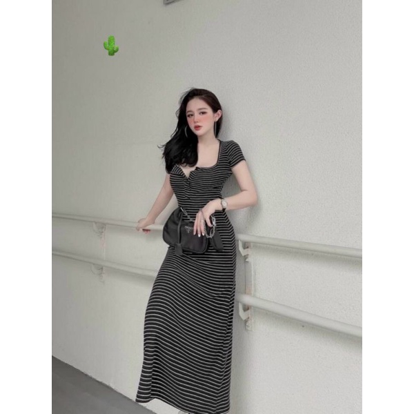 Đầm maxi thun sọc cổ rộng tay ngắn, form ôm sát cơ thể, chất thun gân co giãn cho nàng <53kg