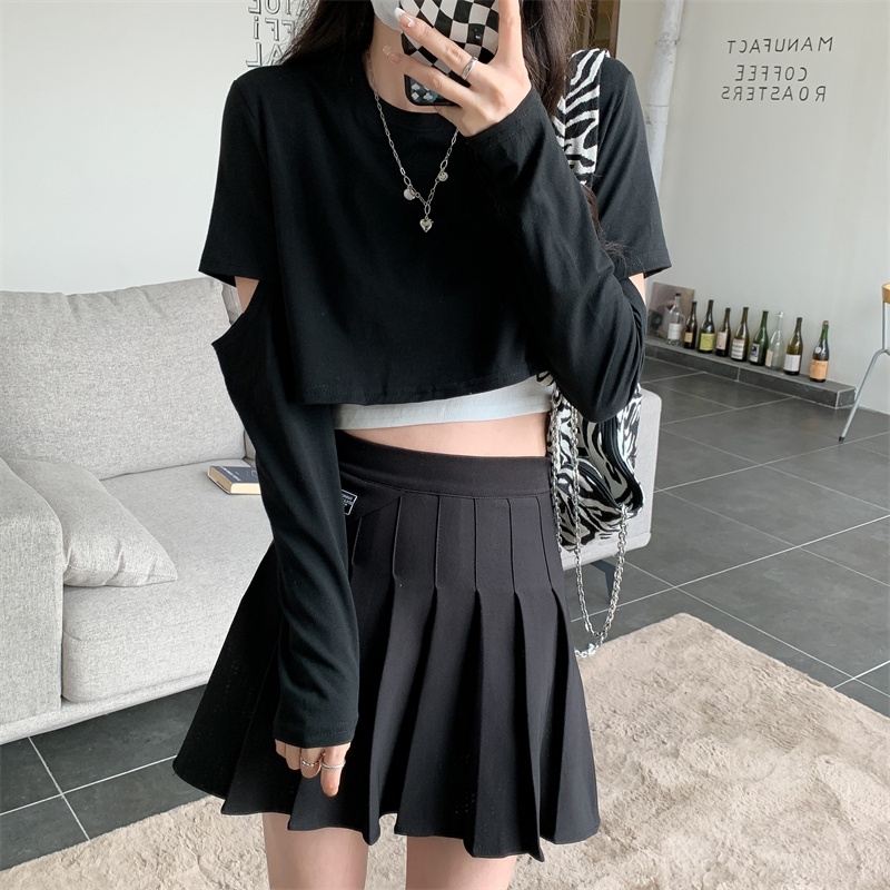 【ZHELIHANGFEI】Áo Thun Dài Tay Hở Eo Thiết Kế Giản Dị Thời Trang