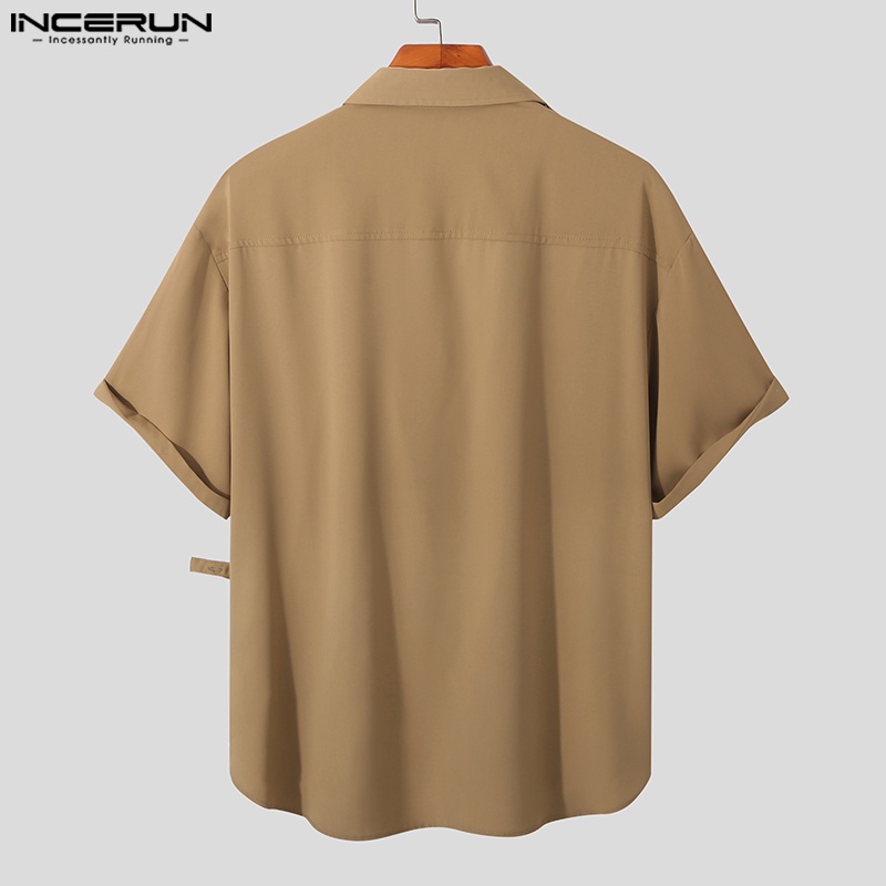 Áo sơ mi INCERUN tay ngắn có cổ thiết kế bất đối xứng thời trang cá tính cho nam