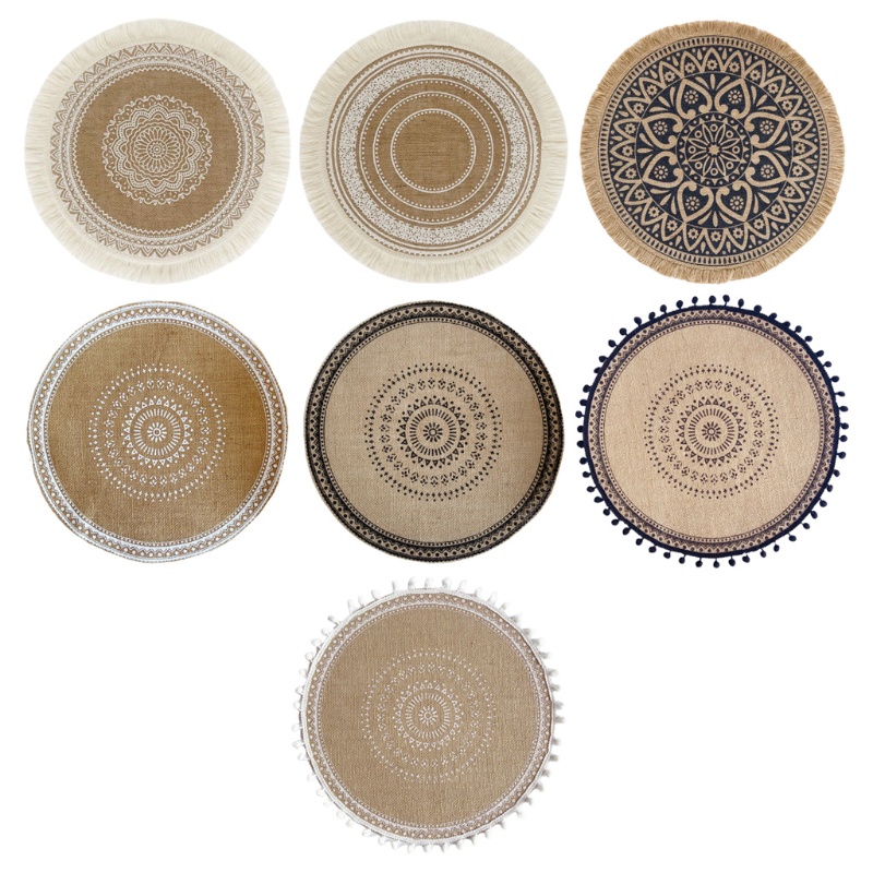 Miếng lót ly dáng tròn dệt vải kiểu tua rua phong cách Boho Mandala đa năng độc đáo