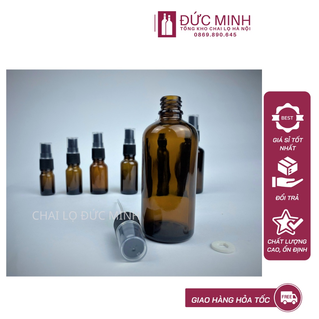 Lọ đựng chiết mỹ phẩm thủy tinh nâu nắp xịt 5ml/10ml/15ml/20ml/30ml/50ml/100ml [Giá sỉ/lẻ]
