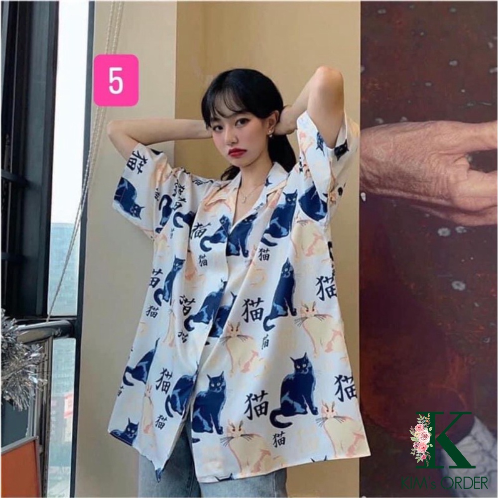 Áo sơ mi hoạ tiết hot trend cá tính cổ sơ mi phom rộng ngắn tay chất liệu mát mẻ loại đẹp phong cách Ulzzang Hàn Quốc
