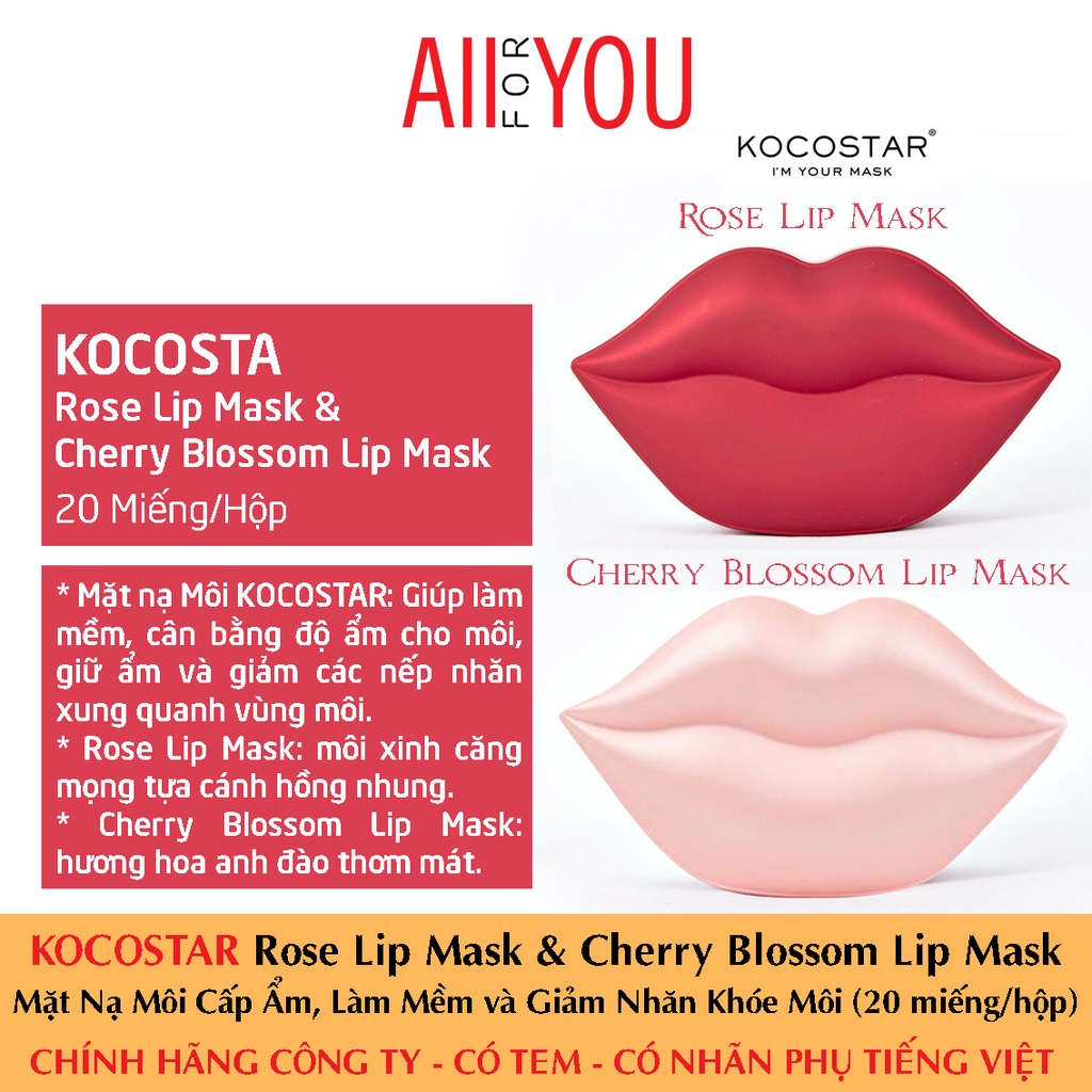 [MEDIHEAL VN PP] KOCOSTAR Rose Lip Mask &amp; Cherry Blossom Lip Mask (1 hộp 20 miếng) - Mặt nạ Môi Hoa Hồng &amp; Hoa Anh Đào.