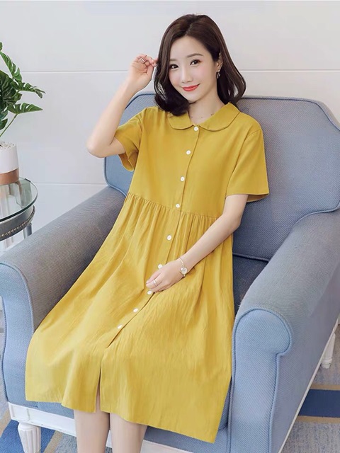 Váy đầm bầu vàng chất đũi có cổ size ngoại cỡ béo