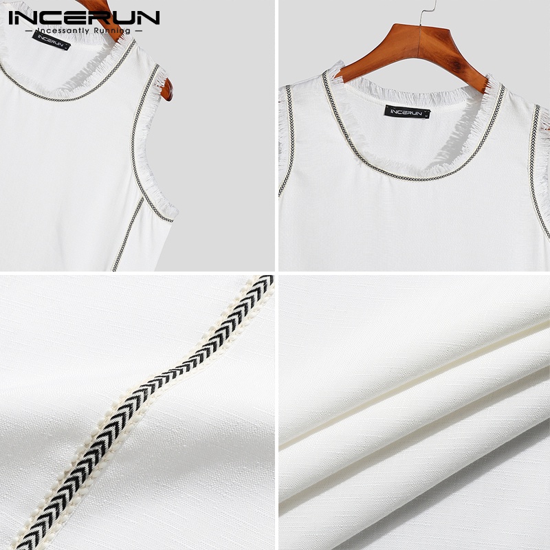 Áo INCERUN ba lỗ dáng rộng màu trơn phối tua rua kích thước S-5XL cho nam