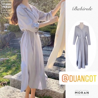 (ORDER - Sẵn Be) Váy sơ mi MORAN cổ bẻ cài khuy dáng dài đuôi tôm thắt eo style thanh lịch Hàn Quốc