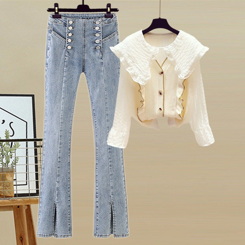 Set áo sơ mi tay dài + áo len không tay + quần jeans lưng cao thời trang cho nữ 200kg