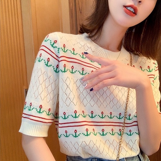 Áo dệt kim ZHELIHANGFEI ngắn tay thêu họa tiết xinh xắn thời trang