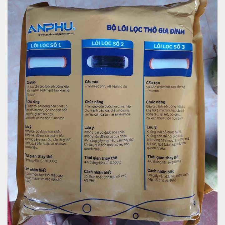 Bộ lõi lọc nước thô 1,2,3 An Phú chính hãng dùng cho máy lọc nước RO