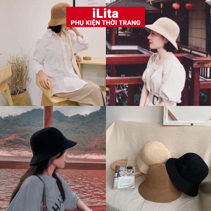 Mũ nón rộng vành cói đi biển chữ M cao cấp iLita - Nón thời trang vintage Gaucho