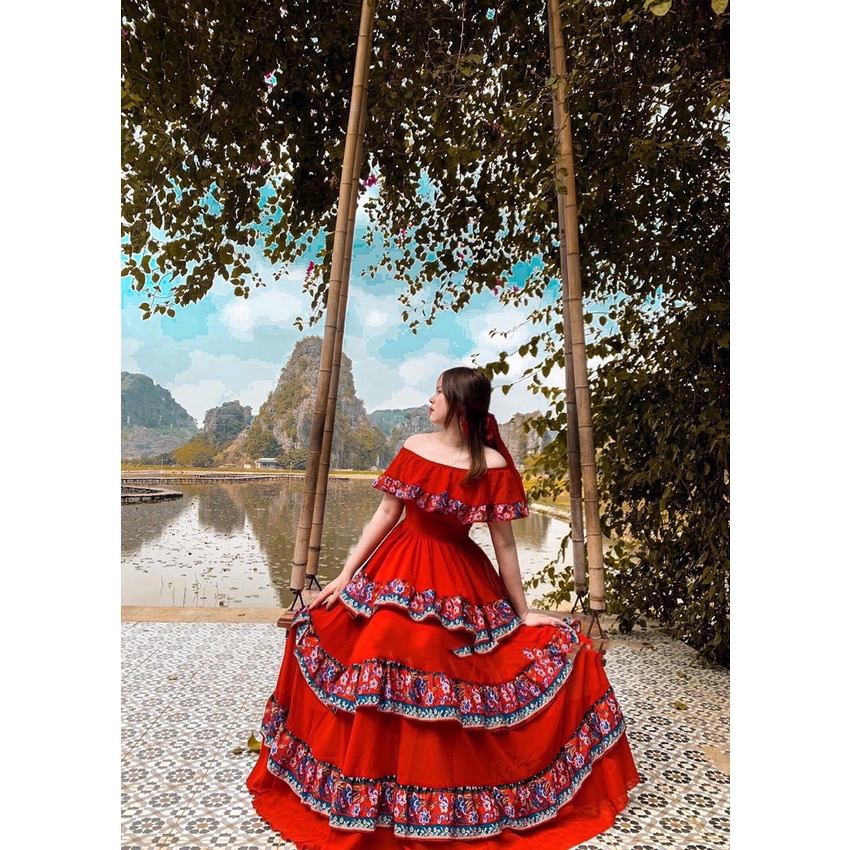 Đầm maxi thổ cẩm BOHO đi biển bẹt vai họa tiết nhíu tầng cá tính dã ngoại phong cách XUKA-DRESS DT05(hình thật tự chụp)