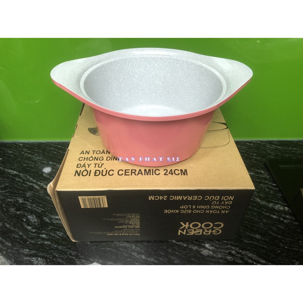 NỒI ĐÚC VÂN ĐÁ ĐÁY TỪ, có chống dính GREEN COOK 16/20/24CM (MÀU HỒNG)