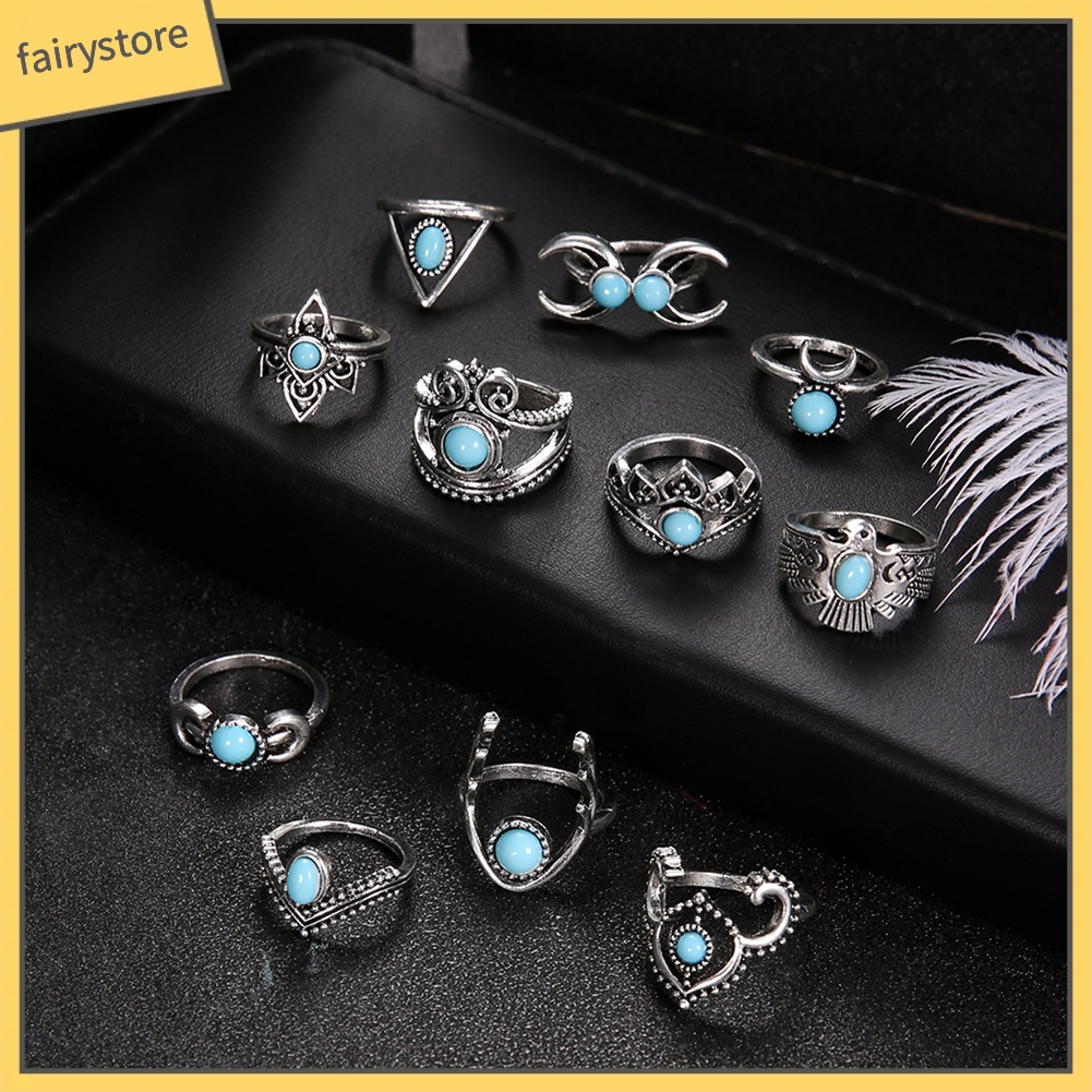 Set 11 nhẫn đính đá ngọc lam giả phong cách boho cổ điển cho nữ