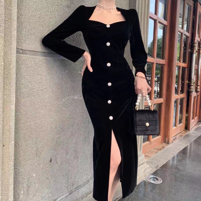 đầm đen váy body váy xẻ tà đầm cổ vuông đầm vintage đầm khoét eo đầm bigsize nữ đầm đi tiệc váy tiểu thư sang chảnh váy nữ xinh đầm tay dài