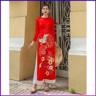 Áo Dài Truyền Thống Nữ Cổ Tròn Vải Gấm Giãn Màu Đỏ Tết In Chim Hạc Có Nhiều Size