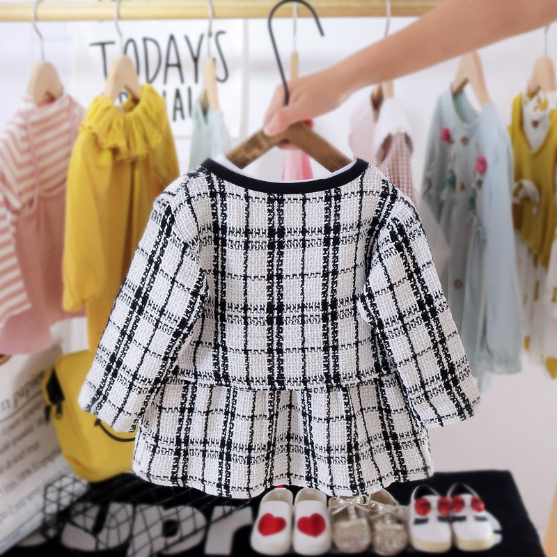 Set Đồ 2 Món Áo Khoác Cardigan + Đầm Sọc Ca Rô Đen Trắng Thời Trang Xuân Thu Cho Bé Gái