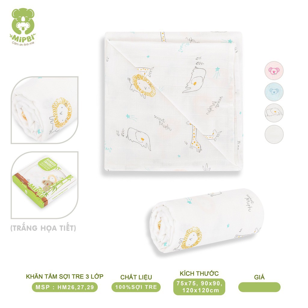 Khăn tắm cao cấp Mipbi 3 lớp 100% sợi tre mềm mại, kháng khuẩn nhiều kích cỡ