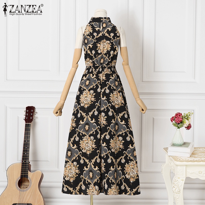 Đầm ZANZEA dáng dài sát nách cổ đứng in họa tiết phong cách Châu Âu thời trang dành cho nữ