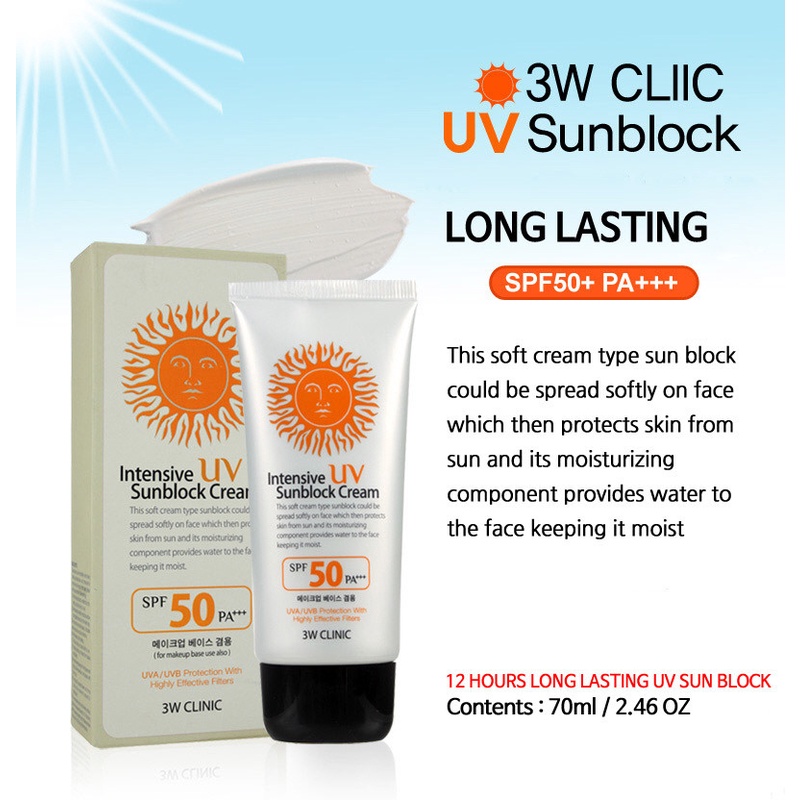 Kem chống nắng cấp nước bảo vệ da dịu nhẹ 3W Clinic Intensive UV Sunblock Cream SPF 50 PA+++ 70 ml