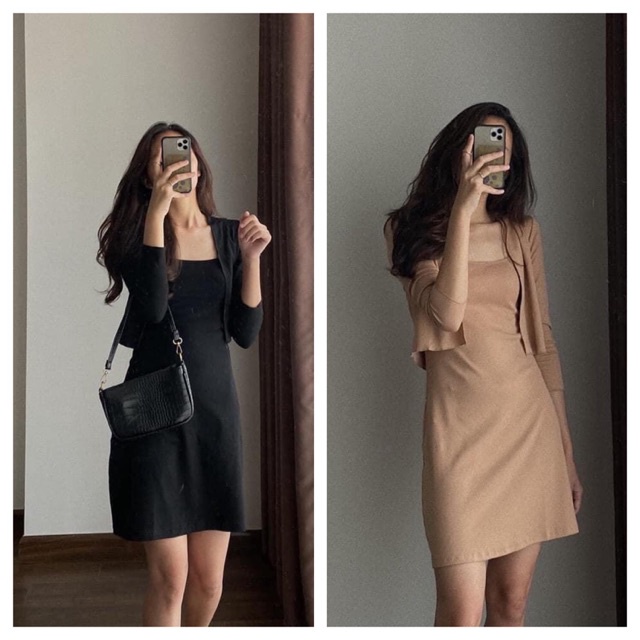 SUSV003 Set cardigan mỏng váy 2 dây liền ngắn trên gối hè thu Bộ áo khoác cadigan đầm hai dây nâu be đen nữ tính đẹp hot